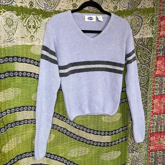 Vintage 90's Light Blue Spin Cropped Ramie Blend Stripped Sweater Size Medium - Picture 3 of 13